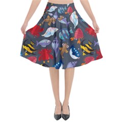 Sea Animals Pattern Wallpaper Fish Flared Midi Skirt by Amaryn4rt