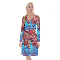 Graffiti-wall-mural-painting-arts Long Sleeve Velvet Front Wrap Dress by Simbadda