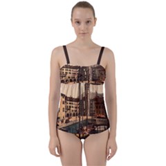 The Harbor, Riva, Lake Garda, Italy 1890-1900 2 Background Brown Twist Front Tankini Set by ConteMonfrey