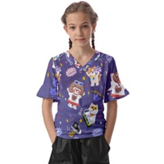 Girl Cartoon Background Pattern Kids  V-neck Horn Sleeve Blouse by Sudhe