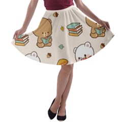 Illustration Bear Cartoon Background Pattern A-line Skater Skirt by Sudhe