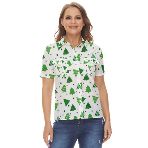 Christmas Trees Pattern Design Pattern Women s Short Sleeve Double Pocket Shirt by Amaryn4rt