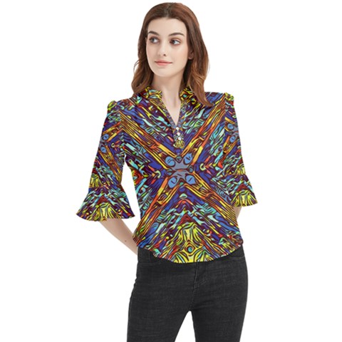 Mosaic Pattern Background Loose Horn Sleeve Chiffon Blouse by Ravend