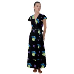 Illustration Cosmos Cosmo Rocket Spaceship -ufo Flutter Sleeve Maxi Dress by danenraven