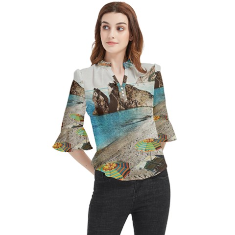Beach Day At Cinque Terre, Colorful Italy Vintage Loose Horn Sleeve Chiffon Blouse by ConteMonfrey