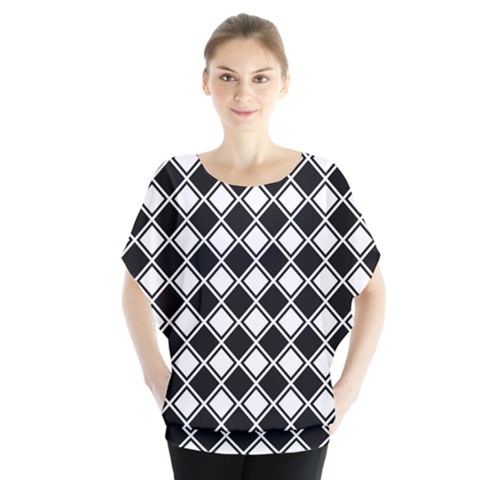 Square Diagonal Pattern Seamless Batwing Chiffon Blouse by Ravend