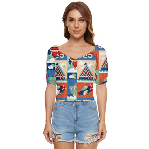 Toy Transport Cartoon Seamless-pattern-with-airplane-aerostat-sail Yacht Vector Illustration Button Up Blouse by Jancukart