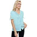 Turquoise Small Plaids Lines Bow Sleeve Button Up Top View3