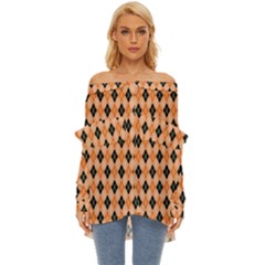 Halloween Inspired Black Orange Diagonal Plaids Off Shoulder Chiffon Pocket Shirt by ConteMonfrey