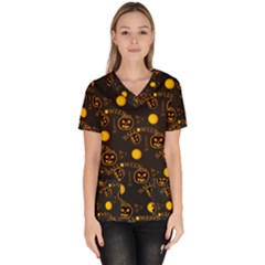Halloween Background Pattern Women s V-neck Scrub Top by Ravend