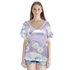 Purple Japanese Pattern Texture Violet Textile V-neck Flutter Sleeve Top by danenraven