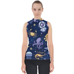 Marine-seamless-pattern-thin-line-memphis-style Mock Neck Shell Top by BangZart