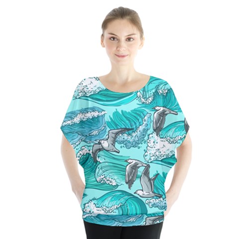 Sea Wave Seamless Pattern Batwing Chiffon Blouse by Ravend
