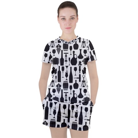 Wine Pattern Black White Women s Tee And Shorts Set by Jancukart