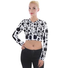 Wine Pattern Black White Long Sleeve Cropped Velvet Jacket by Jancukart