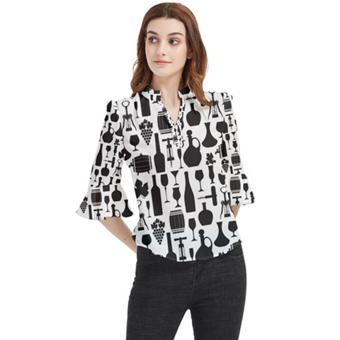 Wine Pattern Black White Loose Horn Sleeve Chiffon Blouse by Jancukart