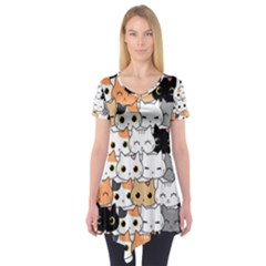 Cute-cat-kitten-cartoon-doodle-seamless-pattern Short Sleeve Tunic  by Jancukart
