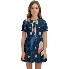 Seamless Pattern With Funny Alien Cat Galaxy Kids  Sweet Collar Dress by Wegoenart