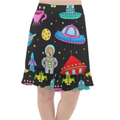 Seamless Pattern With Space Object Ufo Rocket Alien Hand Drawn Element Space Fishtail Chiffon Skirt by Wegoenart