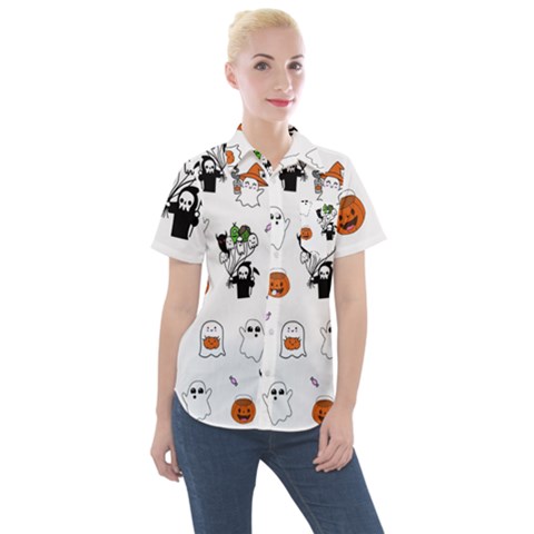 Halloween Jack O Lantern Vector Women s Short Sleeve Pocket Shirt by Ravend