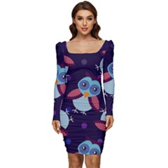 Owl Pattern Background Women Long Sleeve Ruched Stretch Jersey Dress by Wegoenart