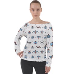 Insect Icon Seamless Pattern Off Shoulder Long Sleeve Velour Top by Wegoenart