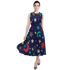 Colorful-background-moons-stars Round Neck Boho Dress by Wegoenart