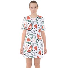 Seamless-vector-pattern-with-watermelons-mint Sixties Short Sleeve Mini Dress by Wegoenart