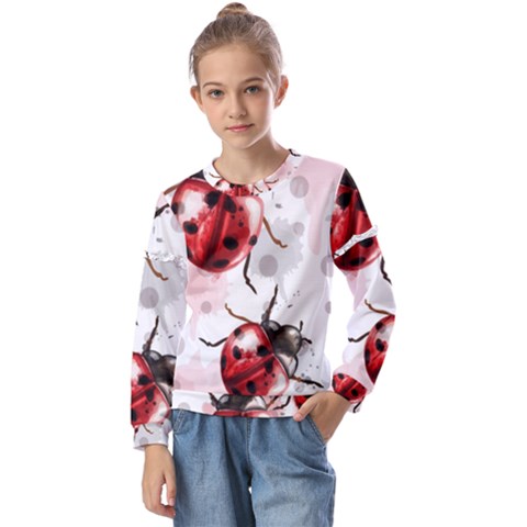 Ladybugs-pattern-texture-watercolor Kids  Long Sleeve Tee With Frill  by Wegoenart