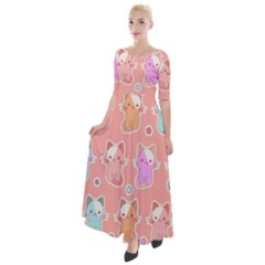 Cute Kawaii Kittens Seamless Pattern Half Sleeves Maxi Dress by Wegoenart