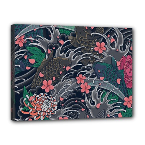 Japanese Wave Koi Illustration Seamless Pattern Canvas 16  X 12  (stretched) by Wegoenart