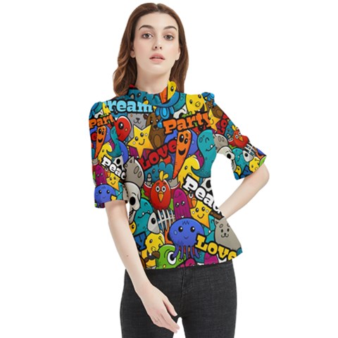 Graffiti Characters Seamless Pattern Frill Neck Blouse by Wegoenart