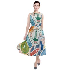 Travel Pattern Immigration Stamps Stickers With Historical Cultural Objects Travelling Visa Immigran Round Neck Boho Dress by Wegoenart