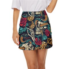 Vintage Art Tattoos Colorful Seamless Pattern Mini Front Wrap Skirt by Wegoenart