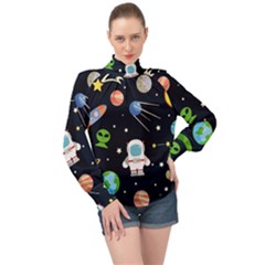 Space And Astronomy Decorative Symbols Seamless Pattern Vector Illustration High Neck Long Sleeve Chiffon Top by danenraven