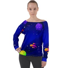 Artistic Space Planet Off Shoulder Long Sleeve Velour Top by danenraven