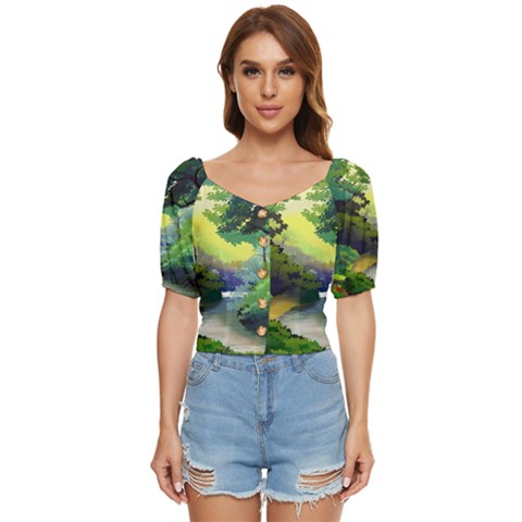 Landscape Illustration Nature Painting Button Up Blouse by Wegoenart
