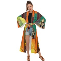 Illustration Robot Cute Sweet Futuristic Maxi Kimono by Wegoenart
