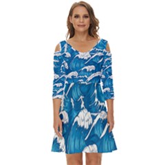 Storm Waves Seamless Pattern Raging Ocean Water Sea Wave Vintage Japanese Storms Print Illustration Shoulder Cut Out Zip Up Dress by BangZart