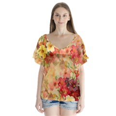 Seamless Pattern Textile Surface Luxury Vintage V-neck Flutter Sleeve Top by Wegoenart