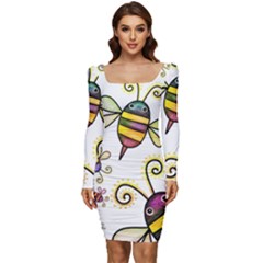 Bee Doodle Cartoon Women Long Sleeve Ruched Stretch Jersey Dress by Wegoenart