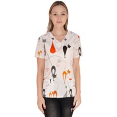 Cartoon Cat Seamless Pattern Graphic Women s V-neck Scrub Top by Jancukart
