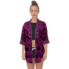 Pink And Black Logo Illustration Open Front Chiffon Kimono by danenraven