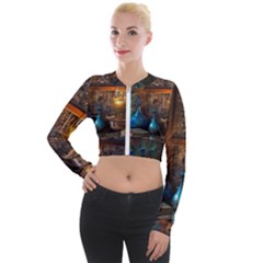 Blue Coffee Cups Cups Coffee Snack Blue Color Long Sleeve Cropped Velvet Jacket by danenraven