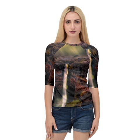 Waterfall Cascade Mountains Cliffs Northern Lights Quarter Sleeve Raglan Tee by danenraven