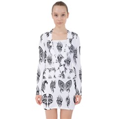 Tattoo Pattern Coin Purse V-neck Bodycon Long Sleeve Dress by artworkshop