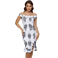 Tattoo Pattern Coin Purse Off Shoulder Ruffle Split Hem Bodycon Dress by artworkshop