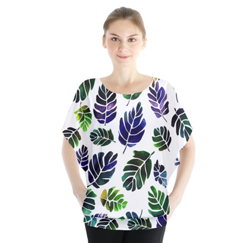Leaves Watercolor Ornamental Decorative Design Batwing Chiffon Blouse by Ravend