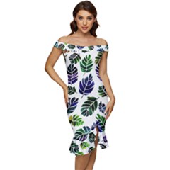 Leaves Watercolor Ornamental Decorative Design Off Shoulder Ruffle Split Hem Bodycon Dress by Ravend