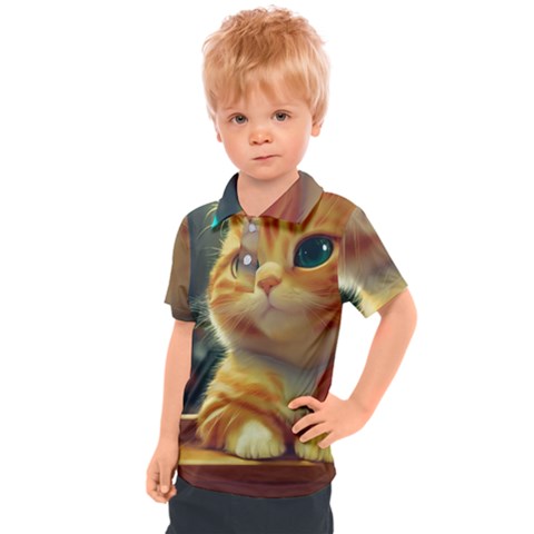 Cute Cat Cat Feline 3d Kids  Polo Tee by Pakemis